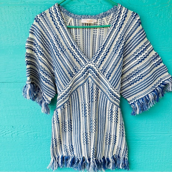 TORY BURCH TEXTURED WOVEN EMPIRE WAIST BOHO BLUE WHITE TUNIC TOP SIZE MEDIUM NWT - Picture 8 of 16